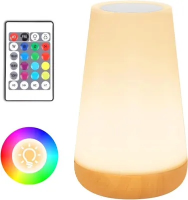 Produktbild von LED-Nachttischlampe – Tischlampe, Stimmungslicht – Raumbeleuchtung – 360-Grad-Touch-Bedienung – 15 x 10 x 2 cm – Holzoptik