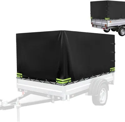 Immagine prodotto di Telo copri-carico Unyqoos® per rimorchi – tessuto Oxford 420D impermeabile, nero, 210x114x90 cm, con strisce riflettenti, angoli rinforzati, occhielli e corda di fissaggio da 8 metri
