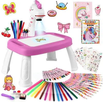 Image de Jouets pour filles, projecteur de dessin pour enfants, avec 72 motifs, projecteur de peinture, avec un kit de dessin, des autocollants, licorne