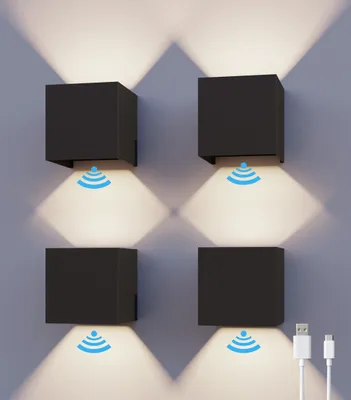 Produktbild von Calex Volterra Wandleuchte, für Außen & Innen, warmweißes Up & Down Licht, Akku aufladbar mit USB-C, kabellos, Bewegungsmelder, wasserdicht, Schwarz, 4er Pack