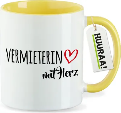 Produktbild von Huuraa Kaffeetasse Vermieterin mit Herz 330ml Gelb Keramik Kaffeebecher Geschenkidee