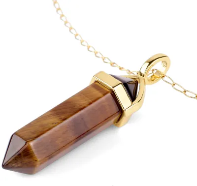 Produktbild von LAVISA Obelisk Edelsteinkette Gold, Anhänger, echte Kristall kette, Halskette, Rosenquarz, Amethyst, Naturstein - 55 + 5 cm (Tigerauge)