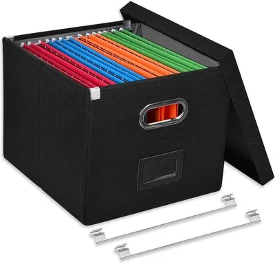Image de Boîte d'archivage noire avec couvercle, FGBK-S-DE, aspect lin