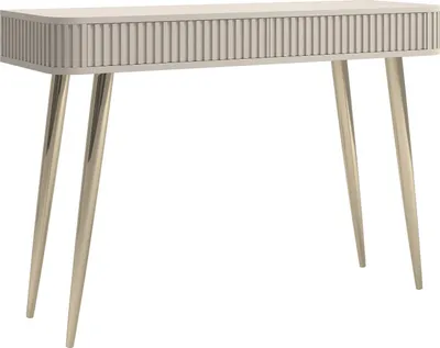 A vanity table with fluted drawer fronts and gold legs on a white background.
