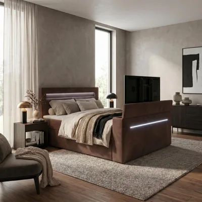 Produktbild von ELVORA DESIGNE Boxspringbett 180x200 cm AURA TV mit Bonellmatratze H3 & Topper, 2 Bettkästen, Braun, KI-generiertes Bild