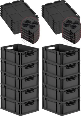 Produktbild von SuperSparSet 10x Eurobox NextGen Color mit Auflagedeckel und Schiebeschnappverschlüsse | HxBxT 17x30x40cm | 16 Liter | Schwarz | Griffe schwarz offen | Glatter Boden | Eurobehälter, Transportbox, Transportbehälter, Stapelbehälter