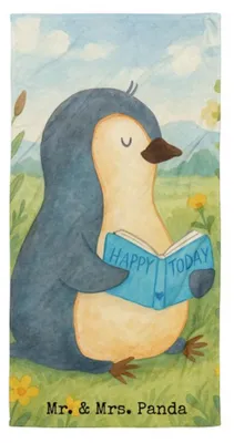 Produktbild von Mr. & Mrs. Panda Handtuch Pinguin Buch Design - Weiß - Geschenk, Nichtstun, Ausruhen, Urlaub, Reisehandtuch, Strandlaken, Strandtuch, Bücherwurm, Großes Badehandtuch