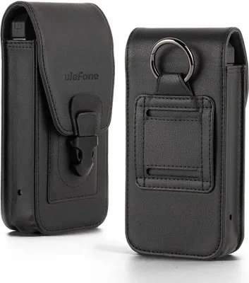 Two black leather phone holsters are shown against a white background. One holster is shown from the front with its flap closed, and the other is shown from the back with a belt loop and a ring attachment.