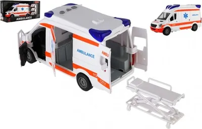 A toy ambulance with its doors open, a stretcher, and a smaller ambulance in the background, all on a white background.