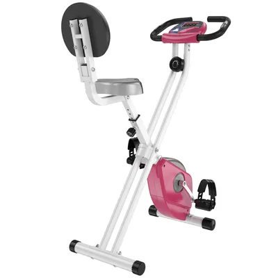 Image de HOMCOM Vélo d'appartement pliable vélo de fitness vélo d'intérieur 8 niveaux de résistance magnétique avec dossier selle réglable écran LCD multifonction capteur fréquence cardiaque rose