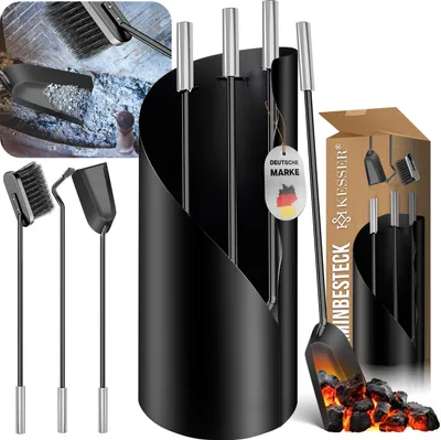 Produktbild von KESSER® Kaminbesteck Set 4-teiliges Kaminzubehör – Modern Design, beschichtet, Hochwertige Kamingarnitur aus 4 Teilen: Besen, Schaufel, Schürhaken, Ständer Stahl Edelstahlgriffe