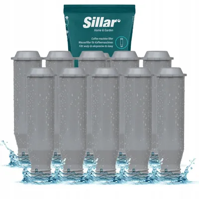 A package of Sillar coffee machine filters and ten individual filters arranged in two rows.