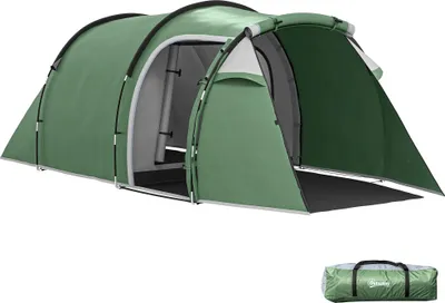 Image de Outsunny Tente de camping familiale 2-3 personnes tente tunnel étanche légère ventilée facile à monter chambre salon 3 portes fenêtres 4,26 x 2,06 x 1,54 m fibre verre polyester PE vert