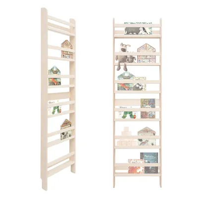 Two wooden bookshelves are displayed side-by-side against a white background.