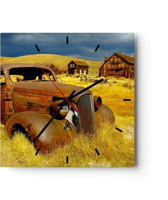 Produktbild von Wanduhr - Quadrat - Glasuhr - Bauernhof altes Auto aufgegeben - 40x40cm - Schleichendes Uhrwerk - Lautlos - zum Aufhängen bereit - Dekoration Modern - Wanddekoration aus Glas - C3AC40x40-1289