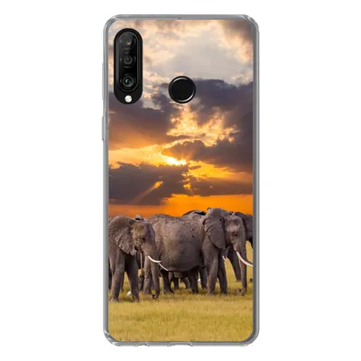 Produktbild von MuchoWow® Handyhülle Schutzhülle Hülle für Huawei P30 Lite Elefant - Tiere - Gras - Sonnenuntergang - Natur Silikon Softcase Handy Hülle - Handyhülle