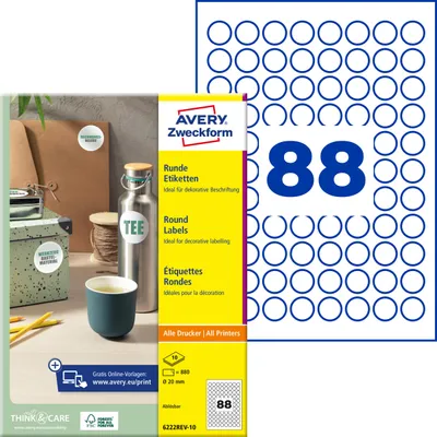 Produktbild von Avery Zweckform 6222REV-10, Runde Etiketten, ablösbar, A4, ? 20 mm, 880 Etiketten / 10 Bögen, weiß