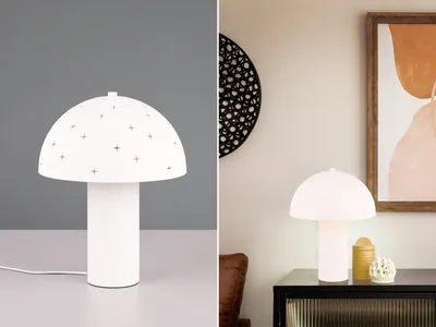 Produktbild von LED Tischlampe aus Metall Weiß H: 33cm, ausgefallene Pilzlampe mit Lampenschirm
