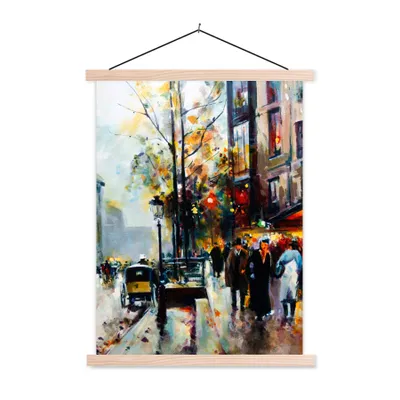 Produktbild von MuchoWow® Textilposter Gemälde - Stadt - Öl 60x80 cm mit holzfarbenen Rahmen - Wandbild