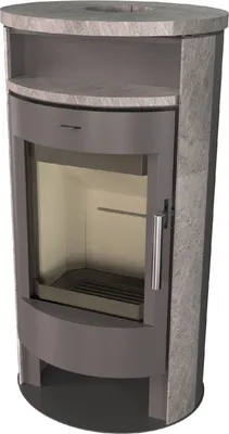 A 3D rendering of a modern fireplace stove with a stone-like finish.
