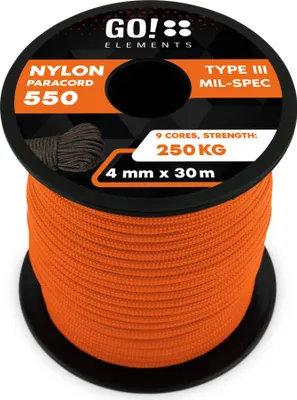 Produktbild von GO!elements 30m Paracord Seil aus reißfester Nylonschnur - 4mm Paracord 550 Typ III Schnur - geeignet als Allzweckseil & Reepschnur - Max. 250kg, Farbe: Orange