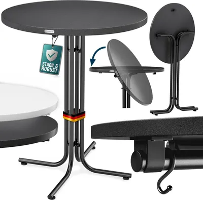 A collage of images showcasing a foldable outdoor bistro table from multiple angles, including its folded state and a close-up of its base and hook.