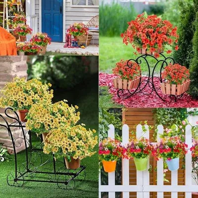 Immagine prodotto di Piante artificiali per esterni, fiori artificiali resistenti ai raggi UV, piante decorative verdi, fioriere con illuminazione per esterni, set "Primavera-Estate" (10 pezzi)