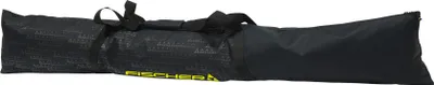 A black ski bag with yellow text on a white background.