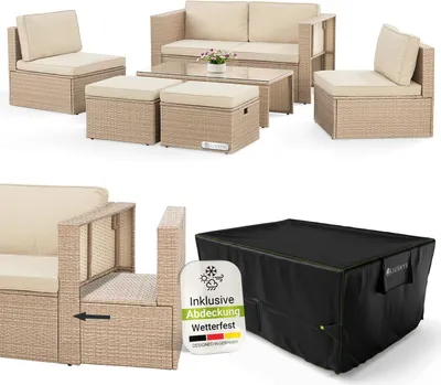 Produktbild von Juskys Polyrattan Gartenmöbel Set Salou inkl. Abdeckung - Lounge für 6 Personen, wetterfest - Creme
