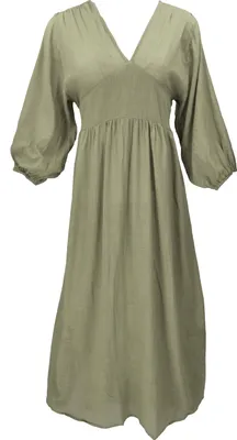 Produktbild von Boho Sommerkleid, Luftiges Langarm Baumwollkleid mit Tiefem Ausschnitt - Olivgrün, Damen, Baumwolle, Kleider