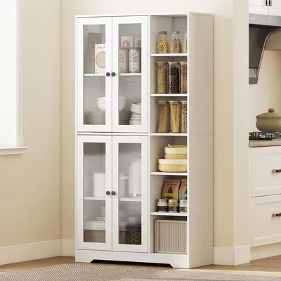 Produktbild von Küchenschrank mit Glastüren, Hochschrank Buffetschrank Spanplatte MDF, offene Fächer Soft-Close, Weiß | 90x35x172 cm | 26 kg | Kippschutz