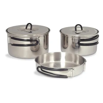 A set of camping cookware including two pots with lids and one pan, arranged on a white background.