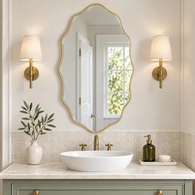 Image de Miroir rond avec cadre en bois doré, forme ondulée, dimensions 76 x 45 cm