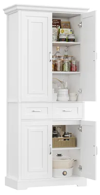 Zdjęcie produktu dla Szafka kuchenna – szafka wysoka z 4 drzwiami i szufladą – 80 x 40 x 180,5 cm – szafka wielofunkcyjna do kuchni lub łazienki – nowoczesny design – biała