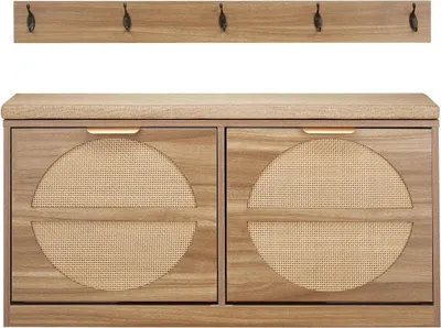 Zdjęcie produktu dla Ławka na buty do przedpokoju, 988 x 240 x 500 mm Ławka na buty imitująca rattan z wysuwanymi szufladami, regał na buty o nośności 440 funtów z poduszką, 4 przegrodami i drzwiami z rattanu, do przedpokoju, salonu, sypialni