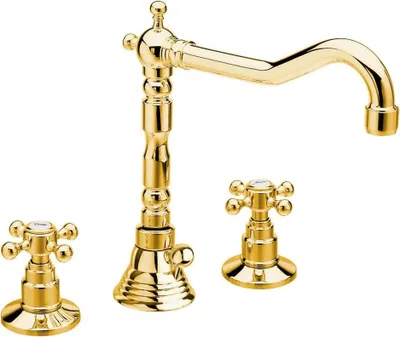 A gold-colored faucet set with three holes and a retro spout, presented against a white background.