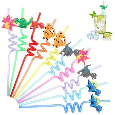 Produktbild von 10 Trinkhalme mit Dinosaurier-Motiven für Kinder, wiederverwendbare, farbenfrohe Trinkhalme