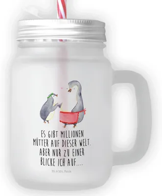 Produktbild von Mr. & Mrs. Panda Trinkglas Pinguin mit Kind - Transparent - Geschenk, Muttertag, Beste Mama, Mutter, Vorbild, Glas, Cocktailglas, Für Smoothies, Mason Jar, Schraubdeckel