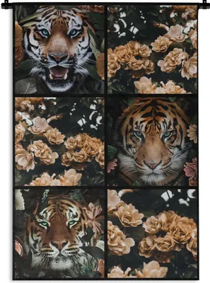 Produktbild von MuchoWow® Wandteppich Wandbehang Collage - Tiger - Blumen 120x180 cm Tapisserie Dekoration Wandtuch - Schlafzimmer - Dekorationen für das Haus