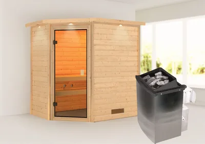 Produktbild von Karibu Sauna Innensauna Jella Eckeinstieg Ofen 9 kW integr. Strg  224x159x191 cm mit Dachkranz