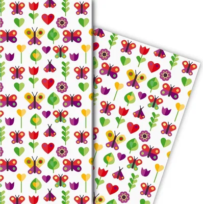 Produktbild von Buntes 70er Jahre Geschenkpapier mit Schmetterlingen und Blumen, grün - G8096, 32 x 48cm