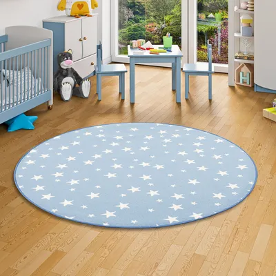 Produktbild von Kinder Spiel Teppich Sterne Blau Rund, Größe:240 cm Rund
