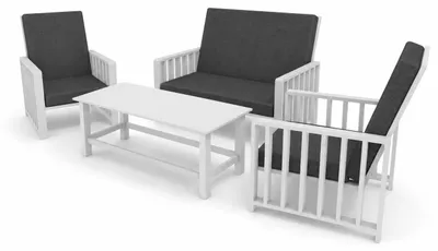 Produktbild von SET Solena Gartenmöbel Weiß mit graphitfarbenen Kissen 2 Sesseln Sofa und Tisch aus Kiefernholz für Terrasse Balkon Garten Lounge Möbel modern