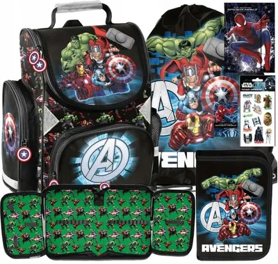 Produktbild von 6tlg AVENGERS Schulranzen set Ranzen Schulrucksack rucksack Federtasche Sportbeutel Notizbuch Einschlagmappe Tattoos MARVEL HULK IRON MAN fur junge