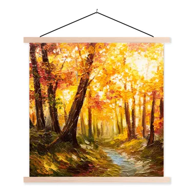 Produktbild von MuchoWow® Textilposter Gemälde - Herbst - Wald - Ölgemälde 40x40 cm mit holzfarbenen Rahmen - Posterleiste