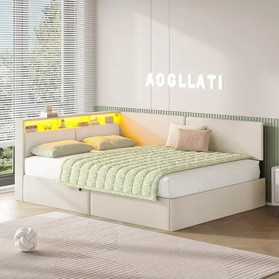 Zdjęcie produktu dla Sofa-łóżko tapicerowane 140x200 z gniazdami USB i hydraulicznym pojemnikiem na pościel, łóżko 140x200 z oświetleniem LED w zagłówku i stelażem, łóżeczko dziecięce typu "tagesbett", łóżko dwuosobowe, pościel, kolor beżowy (bez materaca)