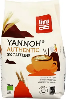 A bag of Yannoh Authentic 0% Caffeine coffee substitute.
