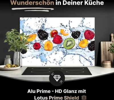 Produktbild von Spritzschutz Küchenrückwand aus Aluminiumverbund Glanz - 3mm - 125x50 cm  - Buntes Fruchtwasser-Splash Fotografie