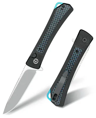 Immagine prodotto di Coltello tascabile con lama in acciaio 14C28N, manico in alluminio, sistema di blocco a pulsante e clip