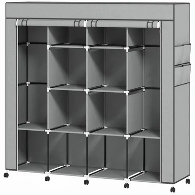 Produktbild von Kleiderschrank Stoffschrank, Türen, 2 Kleiderstangen, 10 Fächer, Grau